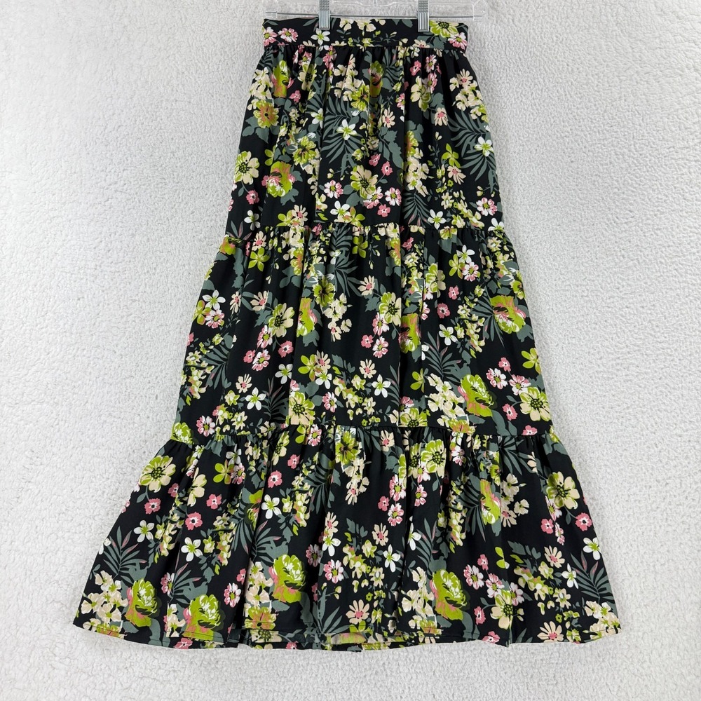 Walter Baker Lucy‎ Midi Skirt Womens Size 4 Black Floral Bungalow Bloom Tiered